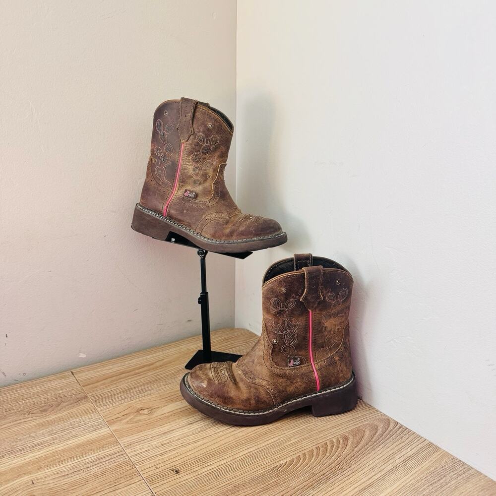 Justin Glitzi Light Up Round Toe Brown Leather Western Boots Girls Size 1